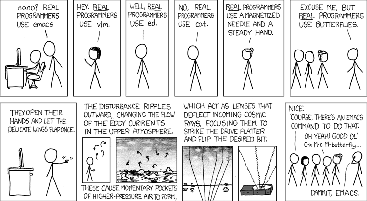 Real programmers, before they started talking. (For the record, I was team Emacs, then VSCodium, and now Claude Code.) [xkcd #378](https://xkcd.com/378/) by Randall Munroe, CC BY-NC 2.5.